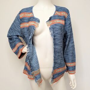 Blue, Orange & Teal Nordic Pattern Fringe Hem Open Style Cardigan